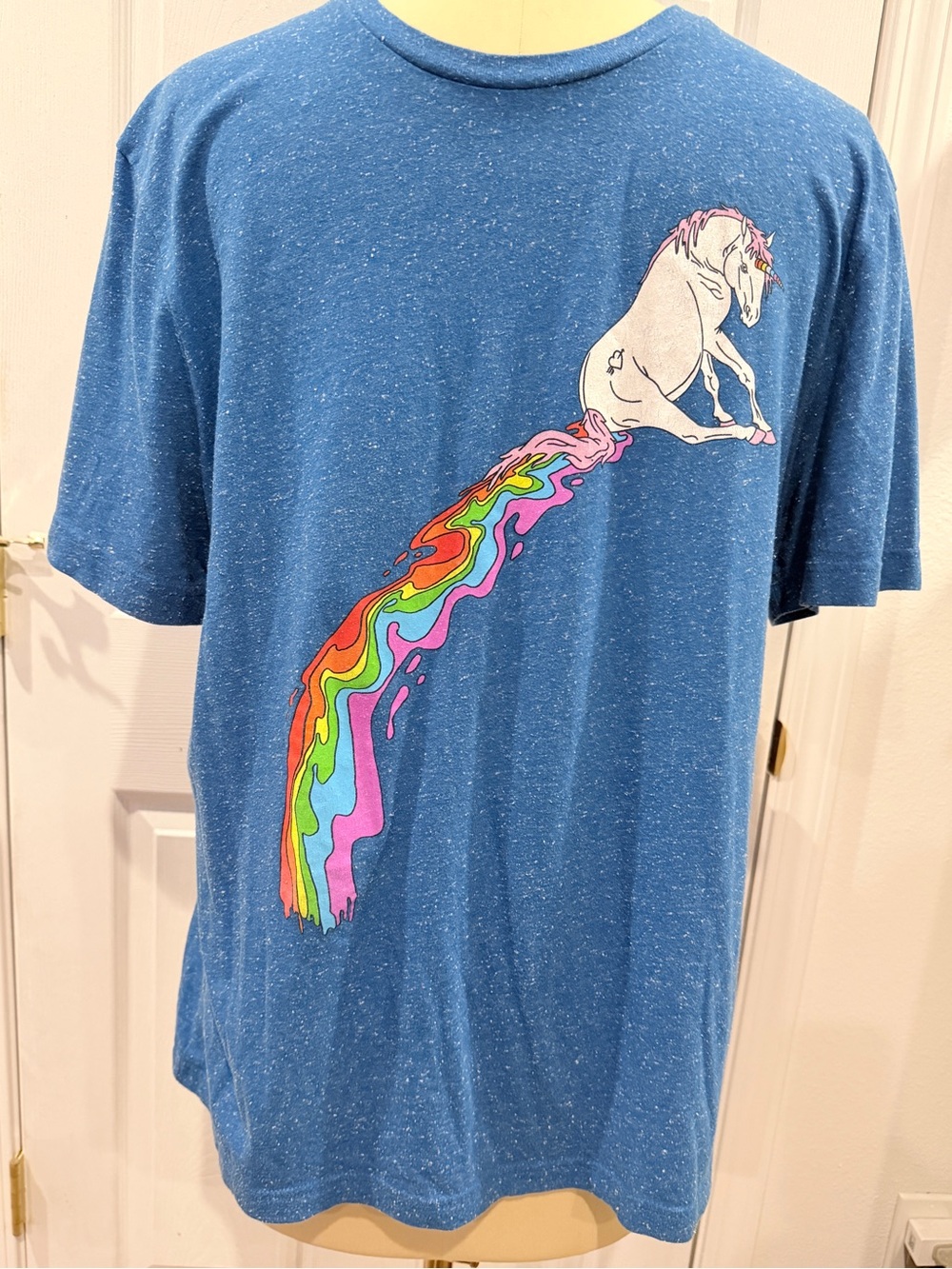 Blue Short-Sleeve Tee with Rainbow Unicorn Graphic - XL